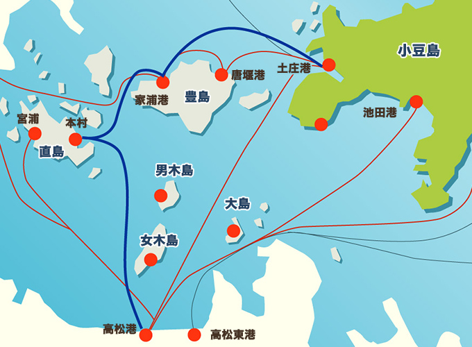 小豆島～豊島～直島～高松航路図